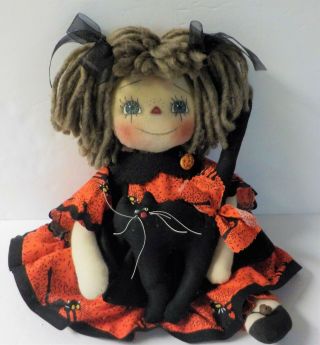 Hm Primitive Raggedy Ann Doll Halloween " Elle " Handmade Black Scaredy Cat