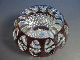 Antique Bohemian Handcrafted 3d Diamond Cut Ruby Red To Clear Crystal Ashtray