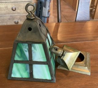 Antique Mission Arts & Crafts Brass Green/white Slag Glass Ceiling Fixture