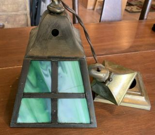 Antique Mission Arts & Crafts Brass Green/White Slag Glass Ceiling Fixture 2