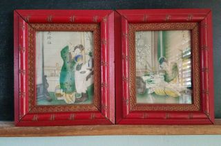 Pair Geishas Antique Lithograph Art Hand Colored Print Asian Red Bamboo Frames