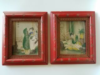 Pair Geishas Antique Lithograph Art Hand Colored Print Asian Red Bamboo Frames 2