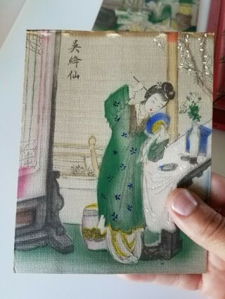Pair Geishas Antique Lithograph Art Hand Colored Print Asian Red Bamboo Frames 4