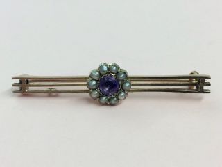 Antique 9ct Gold Seed Pearl & Amethyst Bar Brooch Pin 1890
