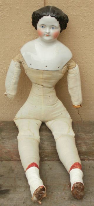Vintage / Antique 27 " Doll Porcelain Head Black Molded Hair W/stuffed Body