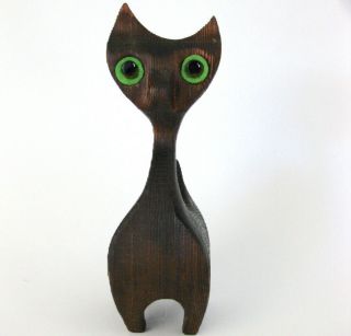 Vintage Witco Carved Wood Cat W/ Green Eyes Mid Century Modern Elvis Era