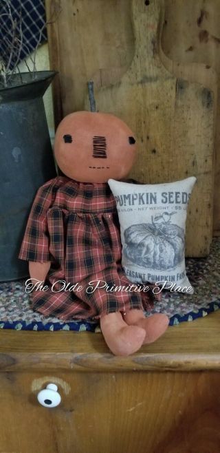 Primitive Pumpkin Doll With Her Feedsack Pillow - Fall/autumn - Handcrafted - Country