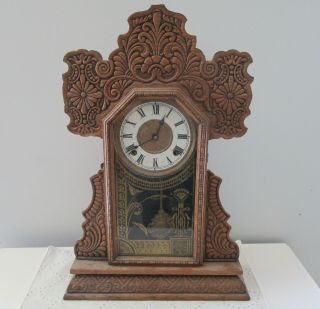 Antique Oneida By E.  Ingraham Carved Large Oak Key Wind Gingerbread Mantle Clock