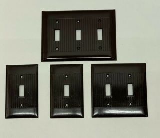 4 Vtg Mid Century Sierra Bakelite Ribbed Lines Double Light Switch Plate Covers