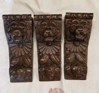 Set Of Three 18th Century Carved Oak Lion Heads