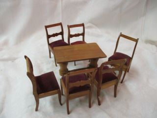 Vintage Wood Doll House Furniture Trestle Table & 6 Chairs Velvet Seats