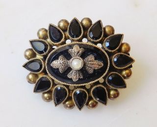 Antique 14k Gold Victorian Mourning Brooch Pin Onyx Jet Seed Pearl