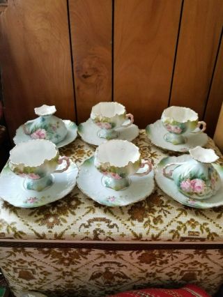Antique R.  S.  Prussia Porcelain Floral Roses Tea Cups,  Saucers
