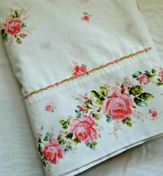 Vintage Springmaid Wondercale Twin Size Flat Sheet Pink Rose Floral On White