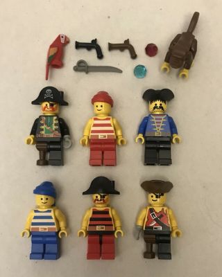 6 Lego Minifigs.  Different Vintage Pirates,  Hats,  Monkey,  Accessories