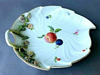 Antique Meissen Hand Painted Leaf Form Dish W Fruit Applied Leaves