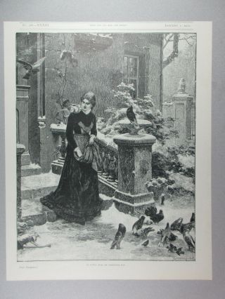 Victorian Lady Feeding Pigeons Other Birds On Snowy Christmas Day Antique Print