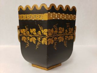 Vintage French Tole Cache Pot Planter Hand Painted Black & Gold Made In France