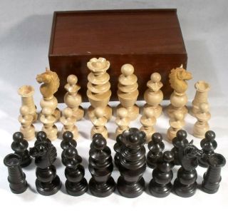 Antique C1880 French Regence Wood Chess Set With Fine Carved Knights.
