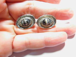 Vintage Black White Glass Oval Silver Tone Metal Cuff Links