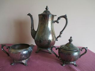 Vtg Wm Rogers Silver Plate Tea Set,  Teapot,  Creamer,  Sugar Bowl With Cover
