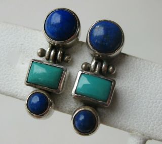 Vintage Sterling Silver Lapis Lazuli Turquoise Pierced Drop Gemstone Earrings