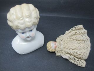 2 Antique German Dolls Porcelain China Head 5 " Miniature 2 1/2 Blonde