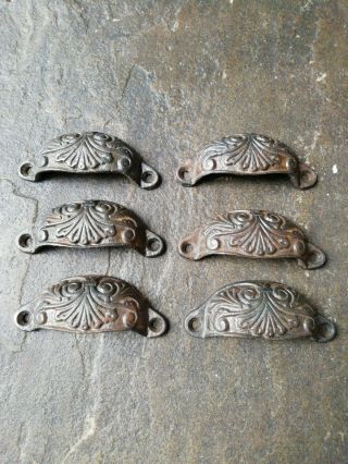 6 X Old Ornate Cast Iron Drawer Handles