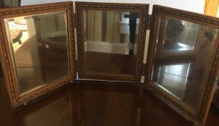 Antique Tri Fold Vanity Wood Mirror Tooled Leather