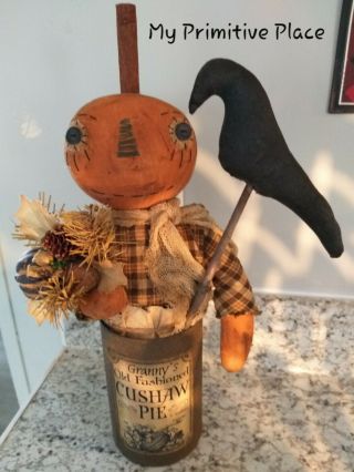 Primitive Pumpkin Can Doll With Crow And Vintage Label