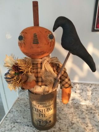 Primitive Pumpkin Can Doll With Crow and Vintage Label 2