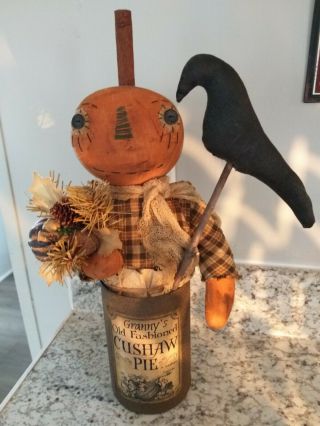 Primitive Pumpkin Can Doll With Crow and Vintage Label 3