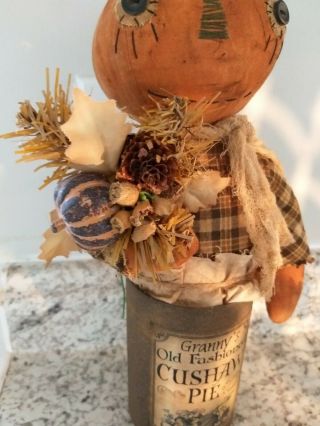 Primitive Pumpkin Can Doll With Crow and Vintage Label 4
