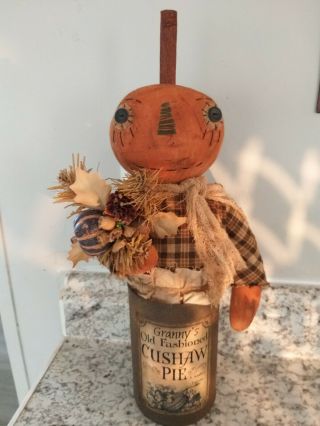Primitive Pumpkin Can Doll With Crow and Vintage Label 5