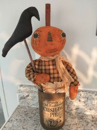 Primitive Pumpkin Can Doll With Crow and Vintage Label 6