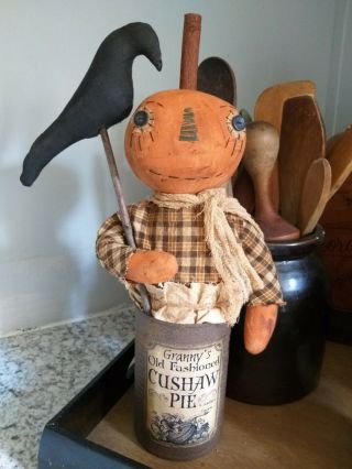 Primitive Pumpkin Can Doll With Crow and Vintage Label 7