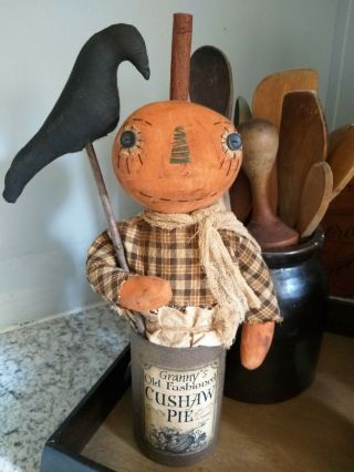 Primitive Pumpkin Can Doll With Crow and Vintage Label 8