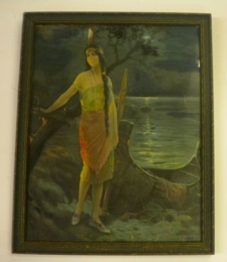 Two Framed Antique Native American Prints,  Indian Maiden With Canoe,  Circa 1920s