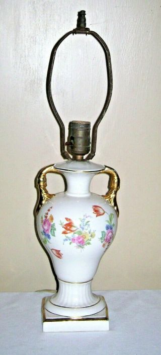 Vintage Ceramic Pottery Urn Shape Table Lamp Flowers With Gold Handles & Trim