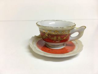 Miniature Teacup & Saucer China White Gold Orange Made In Occupied Japan Vintage