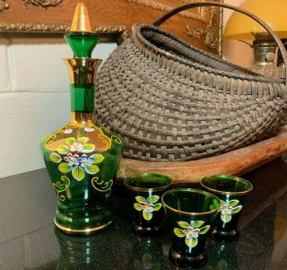 Bohemian Czech Painted Enamel Flowers Green Decanter W/3 Cordials Gold Decorated