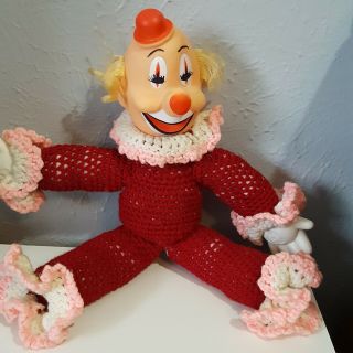 Vintage Clown Doll Crochet Body Plastic Hands Red And Pink 17 " Circus