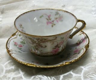 Antique Theodore Haviland Limoges Pink Rose Tea Cup And Saucer With Gold