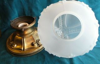 Vintage Flush Mount Early 1900 ' s Embossed Brass Ceiling Light Fixture & Shade 6