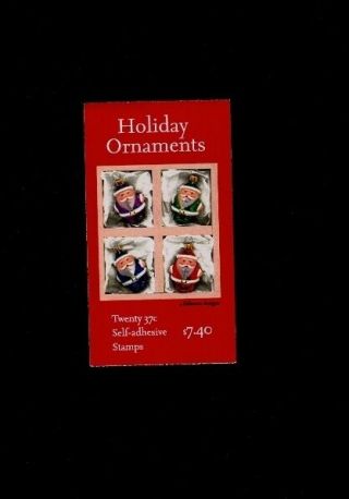 One Bk298 $7.  40 Antique Santa Glass Holiday Ornament Stamp Booklet -