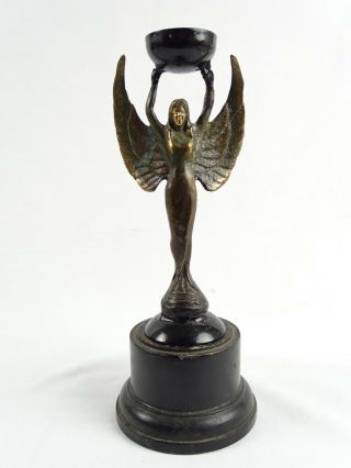 Antique Art Deco Bronze Car Mascot Converted To Candle Holder On Wood Sickle