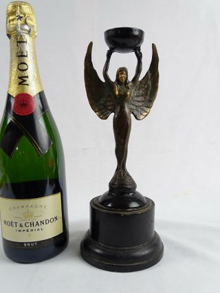 Antique Art Deco Bronze Car mascot Converted to candle Holder on Wood Sickle 2