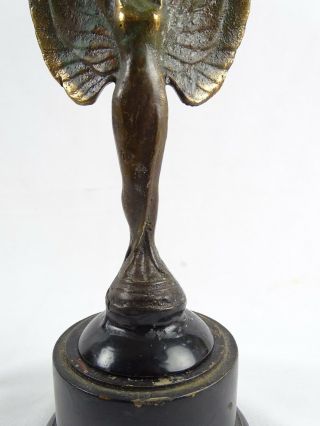 Antique Art Deco Bronze Car mascot Converted to candle Holder on Wood Sickle 4