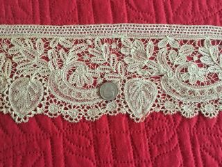 Handmade Brussels Bobbin Lace Trim With Leaves 32 " By 3 3/4 "