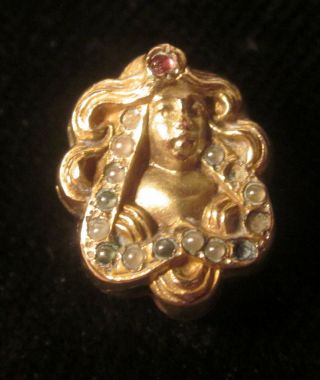 Antique Nouveau Lady With Flowing Hair Gold F Slide Seed Pearl Garnet 3 Day Nr
